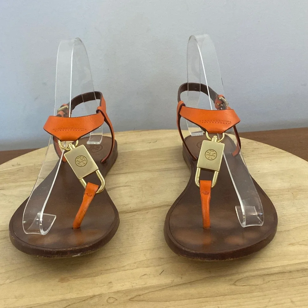Tory Burch Padlock Orange Leather T-Strap Thong Flat Sandals Sz 6 M Gold-Tone